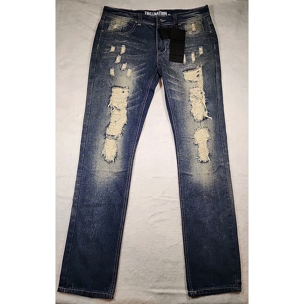 NWT TRILLNATION MENS DISTRESSED DESTROYED MEDIUM WASH DENIM JEANS SIZE 34X32